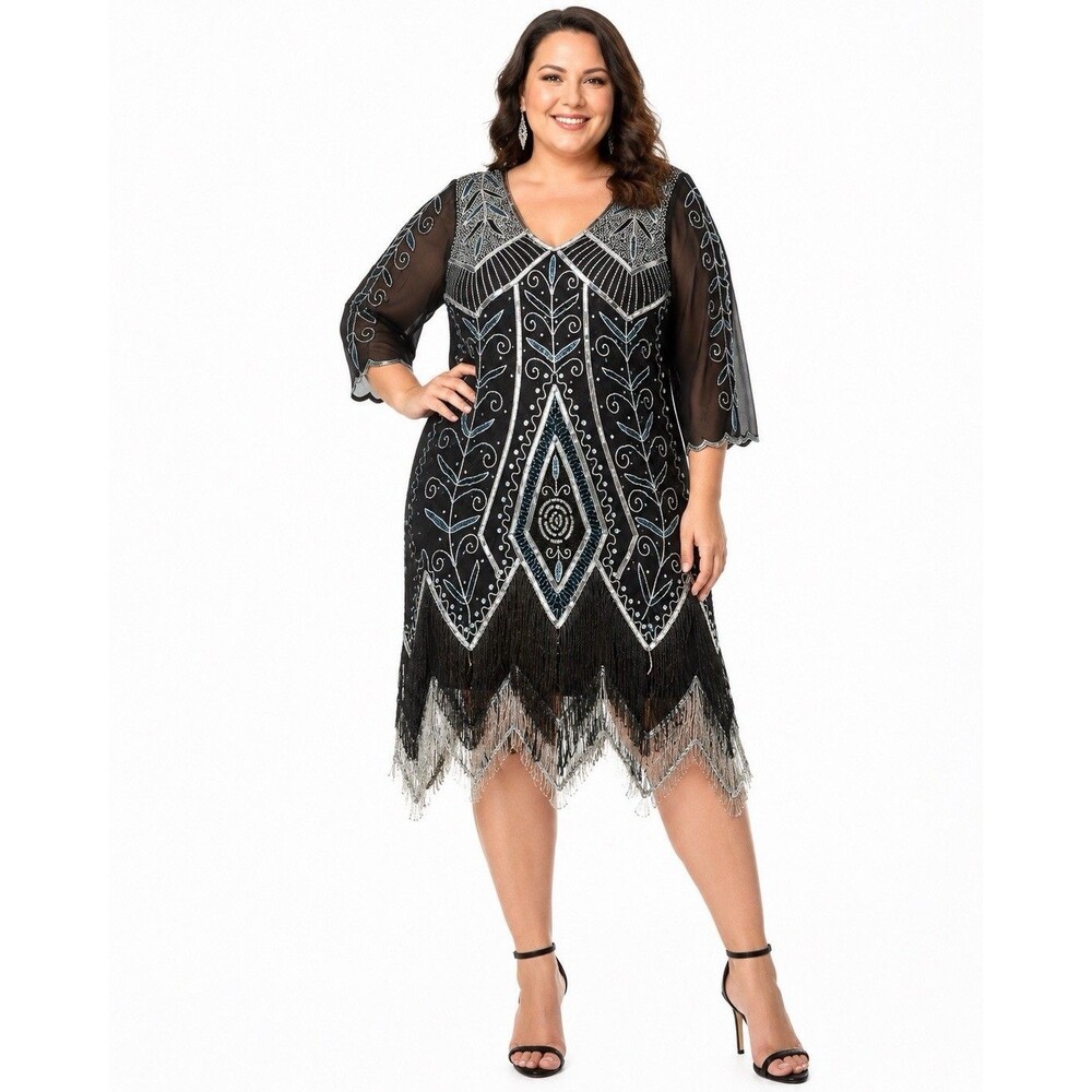 Gatsbylady London Dress Beaded 20s Flapper Fringe Black Silver Blue Midi US 14